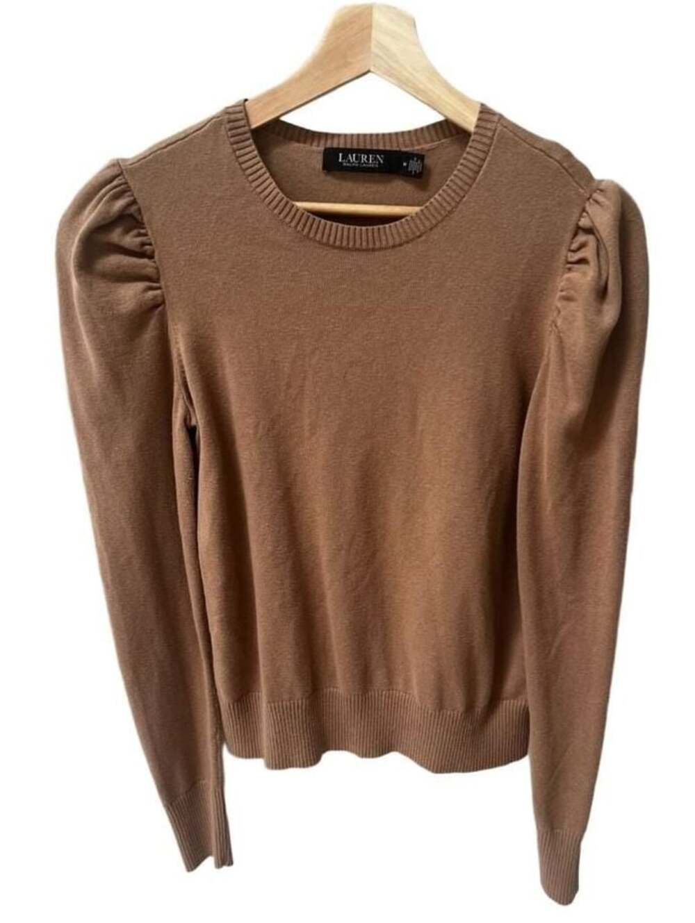 LAUREN Ralph Lauren Tan Puff Sleeve Crew Neck Sweater